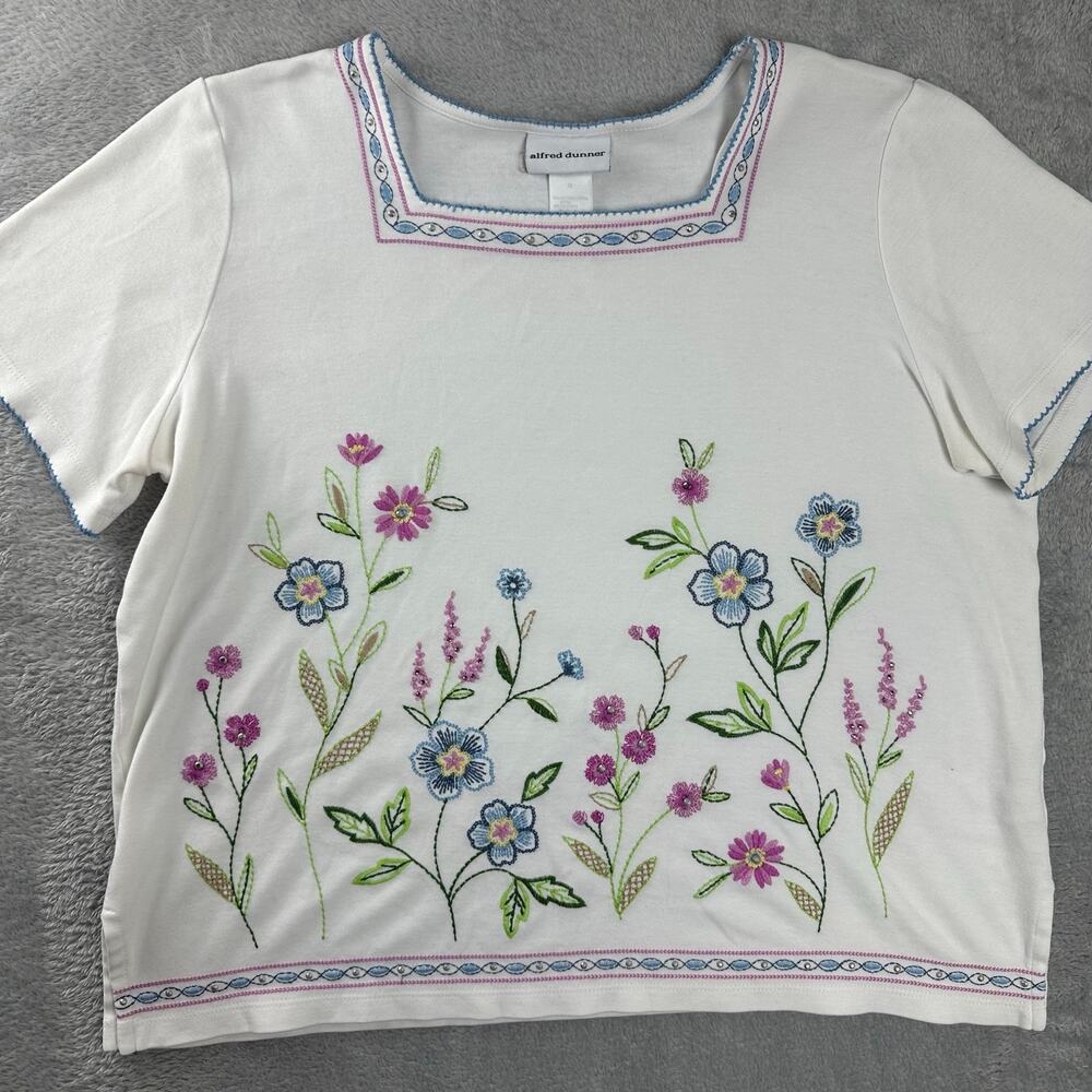 Vtg Alfred Dunner White Floral Embroidered Shirt Cotton Boxy Fit M Cottagecore